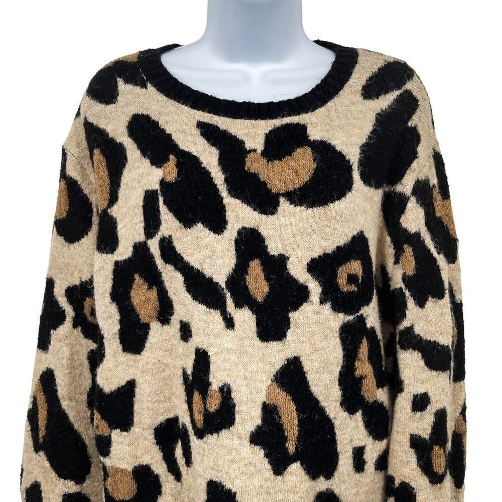 Entro Leopard Cheetah Knit Animal Print Balloon Sleeve Cozy Sweater Top - Picture 7 of 9